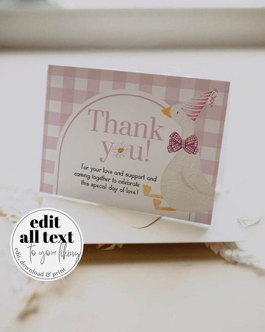 One Silly Goose Girls 1st Birthday Thank you Cards, Silly Goose Themed Appreciation Cards Gingham Daisy Decor Printable Template #068 - TheLovebirdsDesign