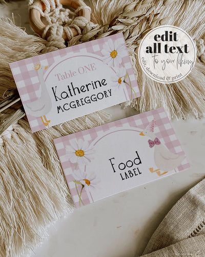 One Silly Goose Place Cards for Girls First Birthday, Pink Gingham Daisy Silly Goose Themed Food Labels Party Decor Printable Template #068 - TheLovebirdsDesign
