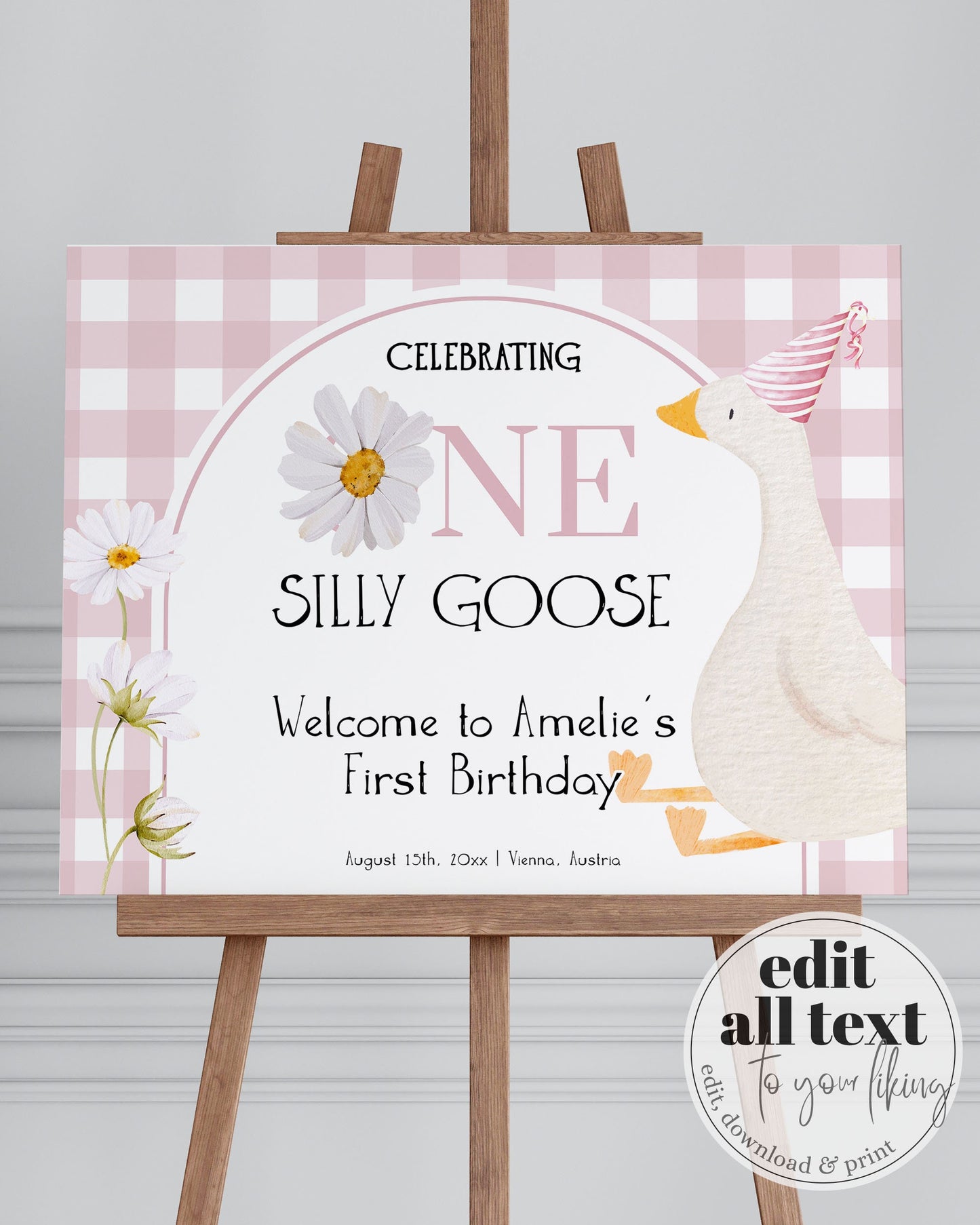 One Silly Goose Welcome Sign Pink 1st Birthday, Editable Silly Goose First Birthday Welcome Sign Lucky Duck Theme Party Decor Template #068 - TheLovebirdsDesign