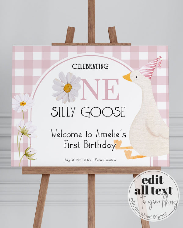 One Silly Goose Welcome Sign Pink 1st Birthday, Editable Silly Goose First Birthday Welcome Sign Lucky Duck Theme Party Decor Template #068 - marryful.org