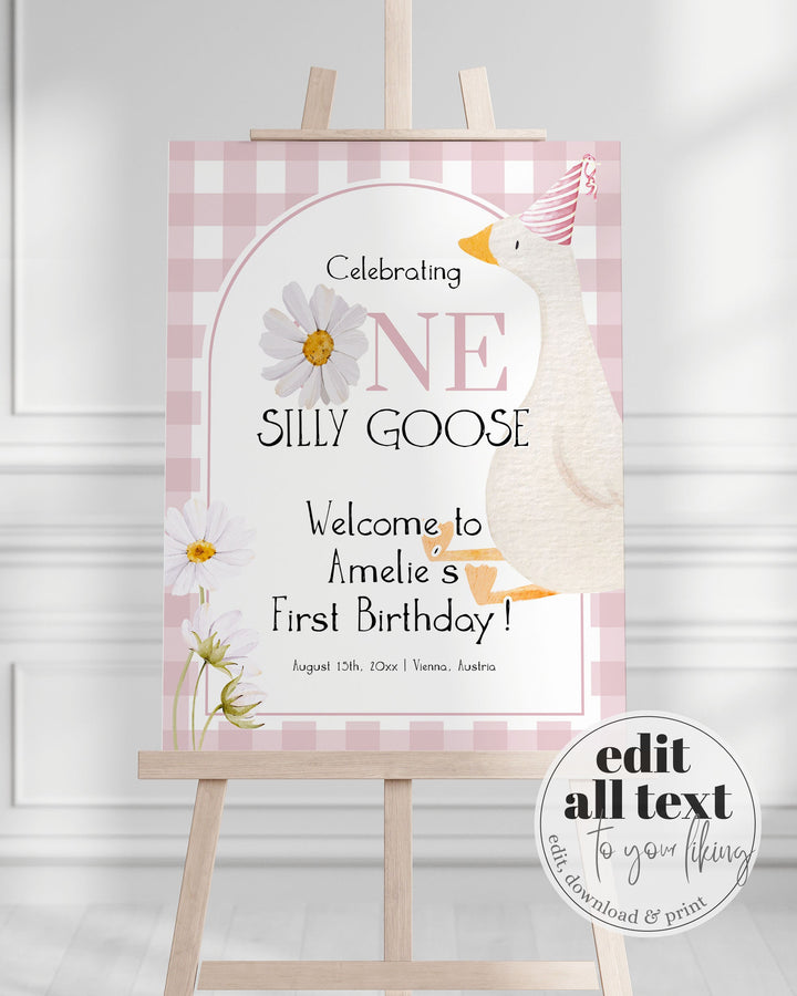 One Silly Goose 1st Birthday Welcome Sign, Gingham Daisy Silly Goose on the Loose Welcome Sign Birthday Girl, Party Decoration Template #068 - TheLovebirdsDesign