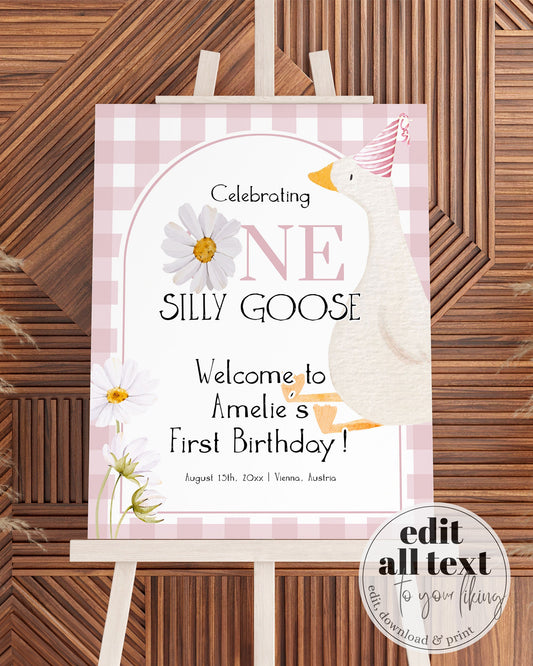 One Silly Goose 1st Birthday Welcome Sign, Gingham Daisy Silly Goose on the Loose Welcome Sign Birthday Girl, Party Decoration Template #068 - TheLovebirdsDesign