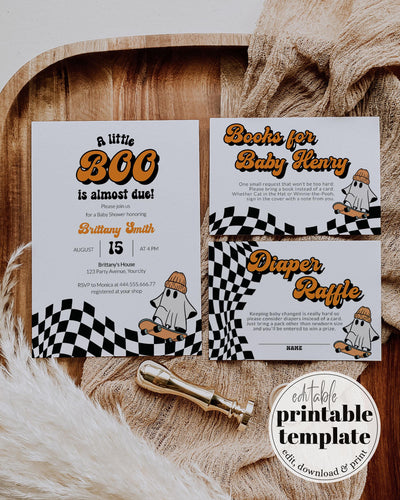 Little Boo Baby Shower Bundle, Ghost Checkerboard Invite, Diaper Raffle Printable Editable Template 081GH-BSINV