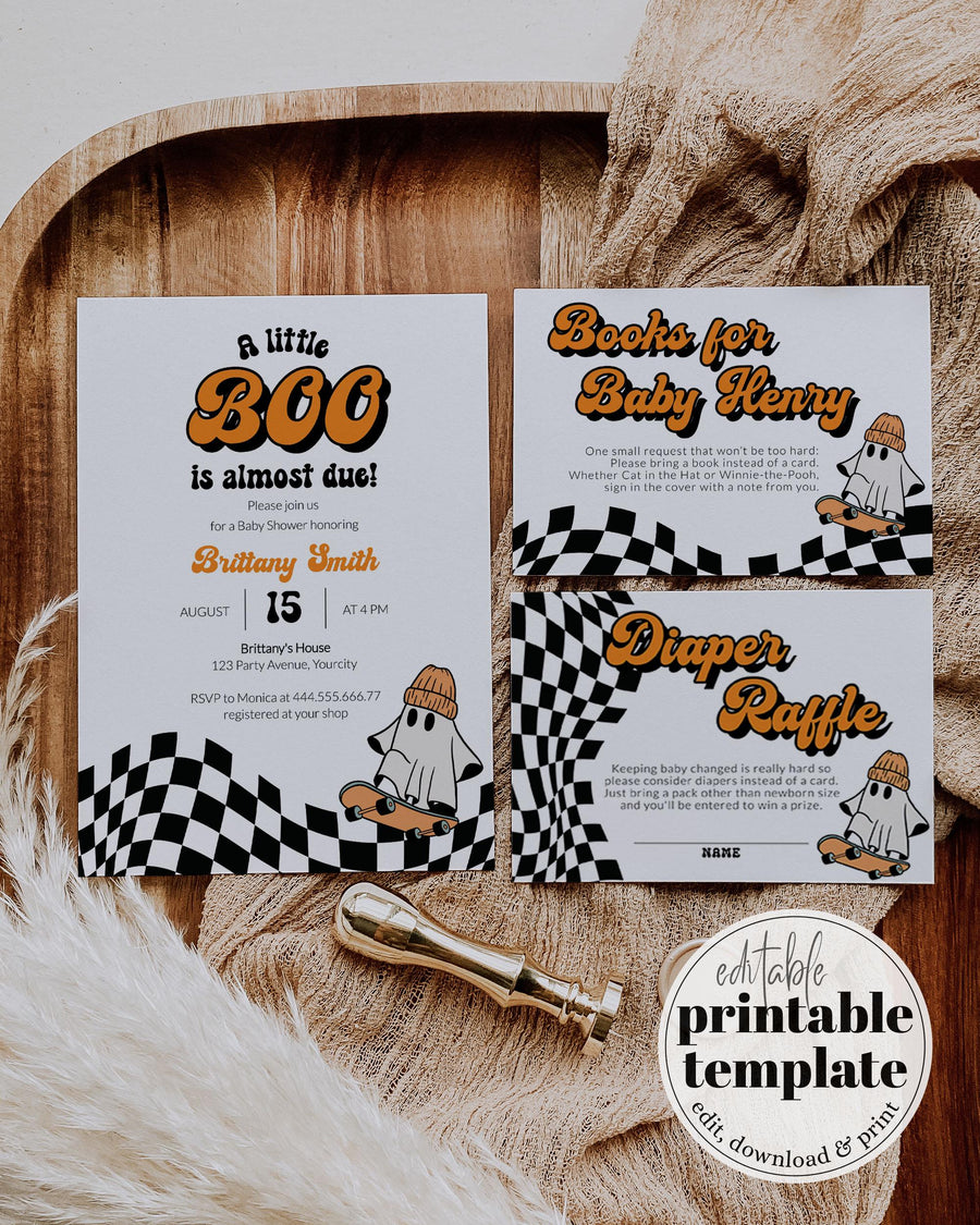 Little Boo Baby Shower Bundle, Ghost Checkerboard Invite, Diaper Raffle Printable Editable Template 081GH-BSINV