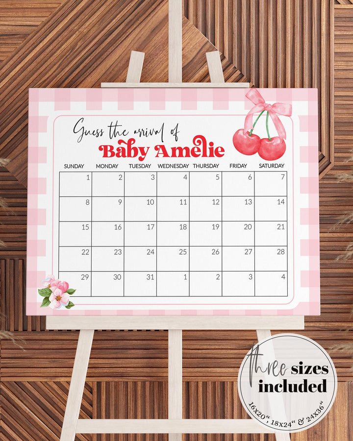 Cherry Guess Babys Due Date Sign, Baby Shower Game Sign for Cherry on top Party, Cherry Coquette themed Baby Arrival Game Decor Template#068
