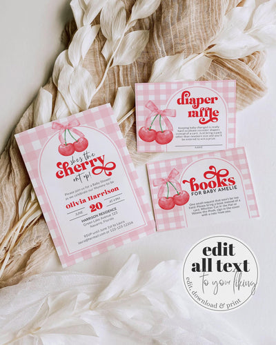 Cherry themed Baby Shower Invitation, Cherry Sweet Coquette Baby Shower Invite Set, Gingham Party Decor Printable Template #068 - TheLovebirdsDesign
