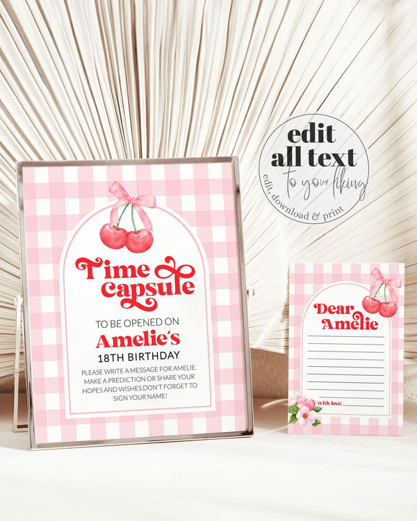Cherry on Top Coquette Time Capsule 1st Birthday Game, Cherry Sweet Party Game for Girls, Pink Gingham Time Capsule Printable Template #068