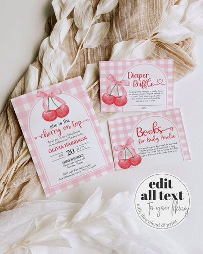 Cherry on Top Coquette Baby Shower Invitation, Cherry Sweet Shower Invite Girls, Pink Gingham Decor, She is the Cherry on Top Printable #068 - TheLovebirdsDesign