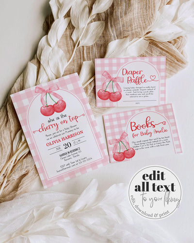Cherry on Top Coquette Baby Shower Invitation, Cherry Sweet Shower Invite Girls, Pink Gingham Decor, She is the Cherry on Top Printable #068 - TheLovebirdsDesign