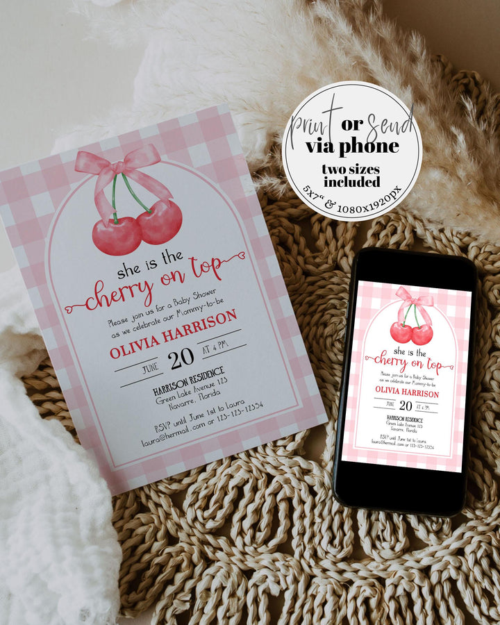 Cherry on Top Coquette Baby Shower Invitation, Cherry Sweet Shower Invite Girls, Pink Gingham Decor, She is the Cherry on Top Printable #068 - TheLovebirdsDesign