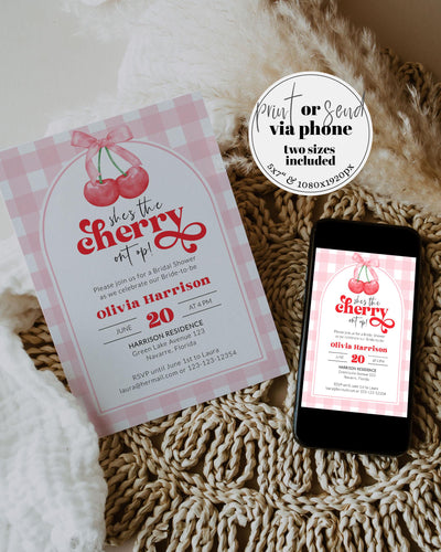 Cherry Sweet Bridal Shower Invitation, Cherry on Top Theme Spring Summer Shower for Girl pink and red Soda shop decor Invite Template #068 - TheLovebirdsDesign