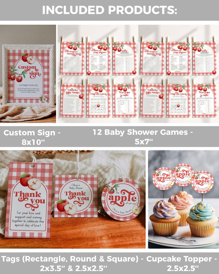 Apple of our Eye Baby Shower Bundle, Apple Themed Shower Invitation, Coquette Apple Shower Games, Fall Baby Shower Decor Template Set #068 - TheLovebirdsDesign