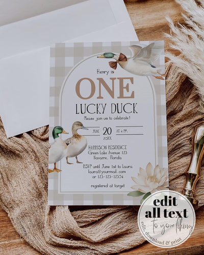 ONE Lucky Duck Firsts Birthday Invitation Suite, Lucky Duck Themed Birthday Decor, Gender Neutral Duck Party Invite Printable Template #068 - TheLovebirdsDesign