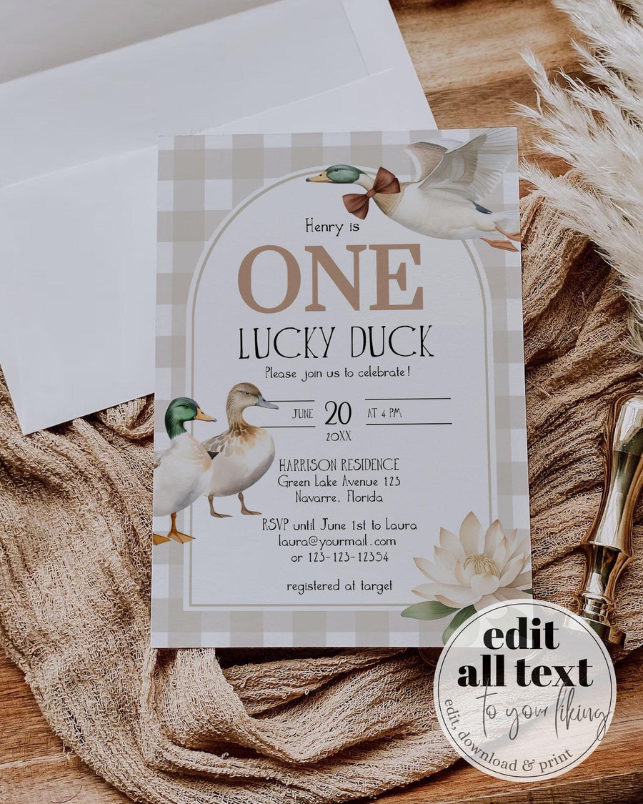 One Lucky Duck Birthday Invitation Template, Mallard Gingham First Birthday Invite 006LD-BINV - marryful.org