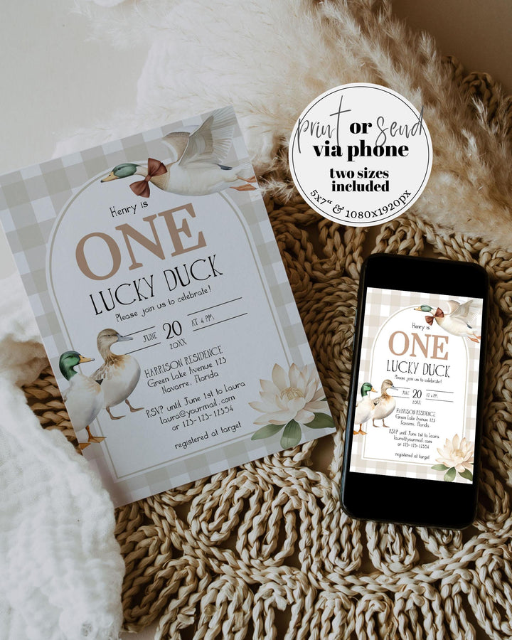 ONE Lucky Duck Firsts Birthday Invitation Suite, Lucky Duck Themed Birthday Decor, Gender Neutral Duck Party Invite Printable Template #068 - TheLovebirdsDesign