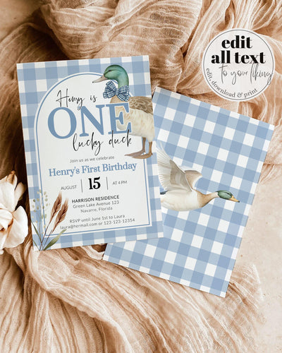 One Lucky Duck Blue Mallard Duck Hunt Birthday Invitation, Editable Lucky Duck First Birthday Invite, Duck Theme Party Decor Template #068 - TheLovebirdsDesign