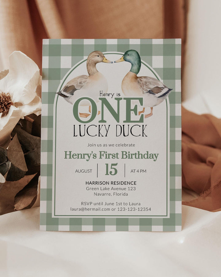 Lucky Duck 1st Birthday Invitation Suite, ONE Lucky Duck Hunt Theme First Birthday Invite, Duck Party Decorations Printable Template #068 - TheLovebirdsDesign
