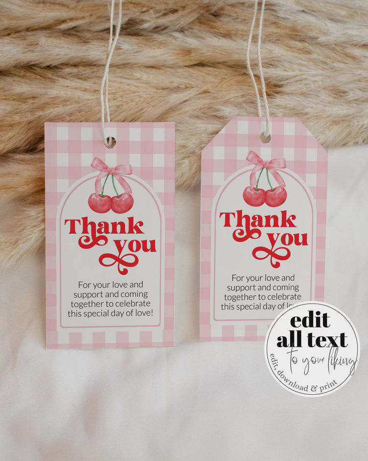 Cherry Sweet Favor Tags for Coquette Shower Party, Cherry on Top Theme Thank you Sticker Spring Summer Shower Decor Template for Girls #068 - TheLovebirdsDesign