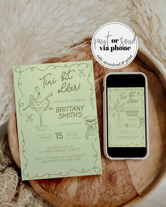 Bikinis and Martinis 30th Birthday Invitation, Funky Tini Bit Older Adult Woman Birthday Party Invite Hand Drawn Wavy Frame Template #070 - TheLovebirdsDesign