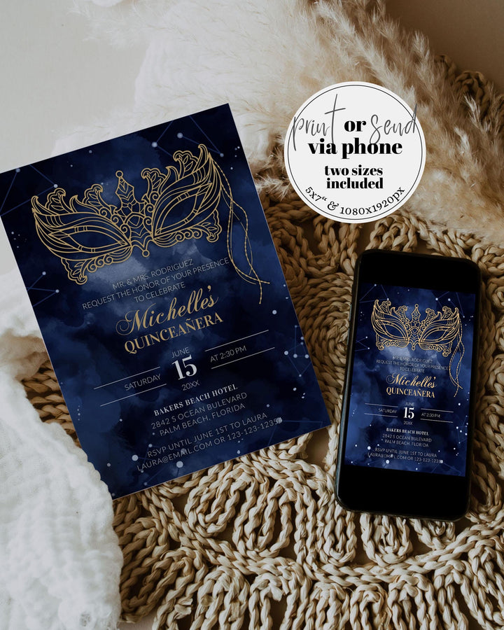 Quinceanera Birthday Invite, Masked Party Invitation, 30th Birthday, Sweet Sixteen Celebration, Downloadable Masquerade Invite Template #066 - TheLovebirdsDesign