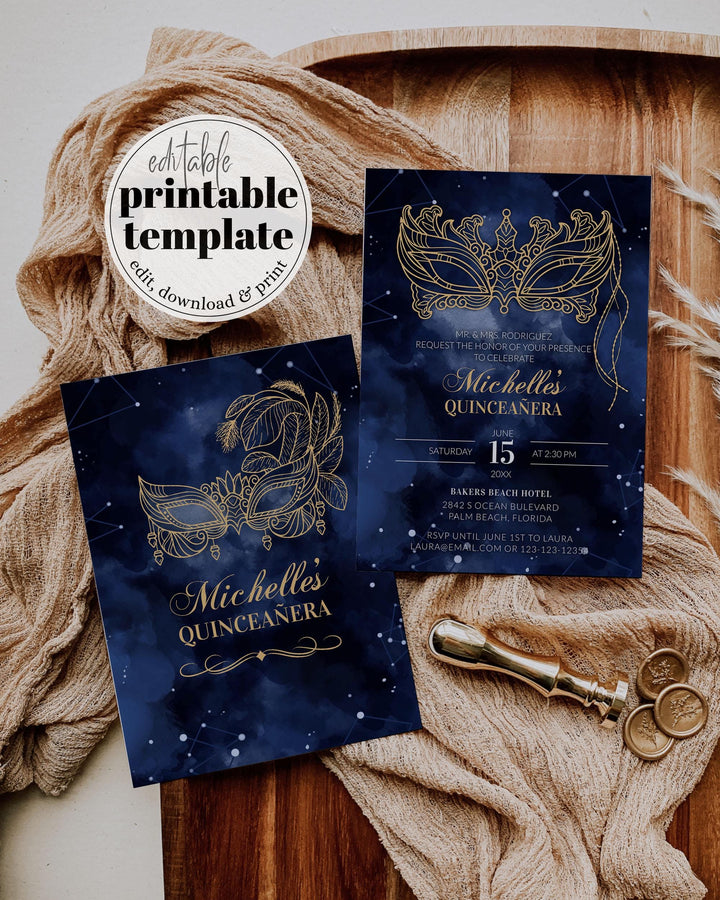 Quinceanera Birthday Invite, Masked Party Invitation, 30th Birthday, Sweet Sixteen Celebration, Downloadable Masquerade Invite Template #066 - TheLovebirdsDesign