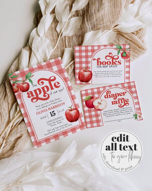 Apple of our Eye Baby Shower Invitation Suite, Apple Themed Shower Invite Coquette Gingham Decor, Gender Neutral Baby Sprinkle Template #068 - TheLovebirdsDesign