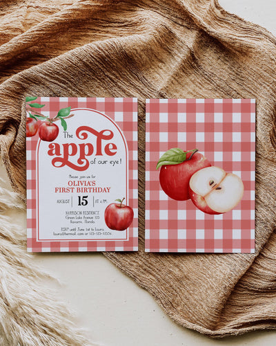 Apple of our Eye First Birthday Invitation, Apple Themed 1st Birthday Invite Girls, Coquette Gingham Decor, ONE Birthday Fall Template #068 - TheLovebirdsDesign