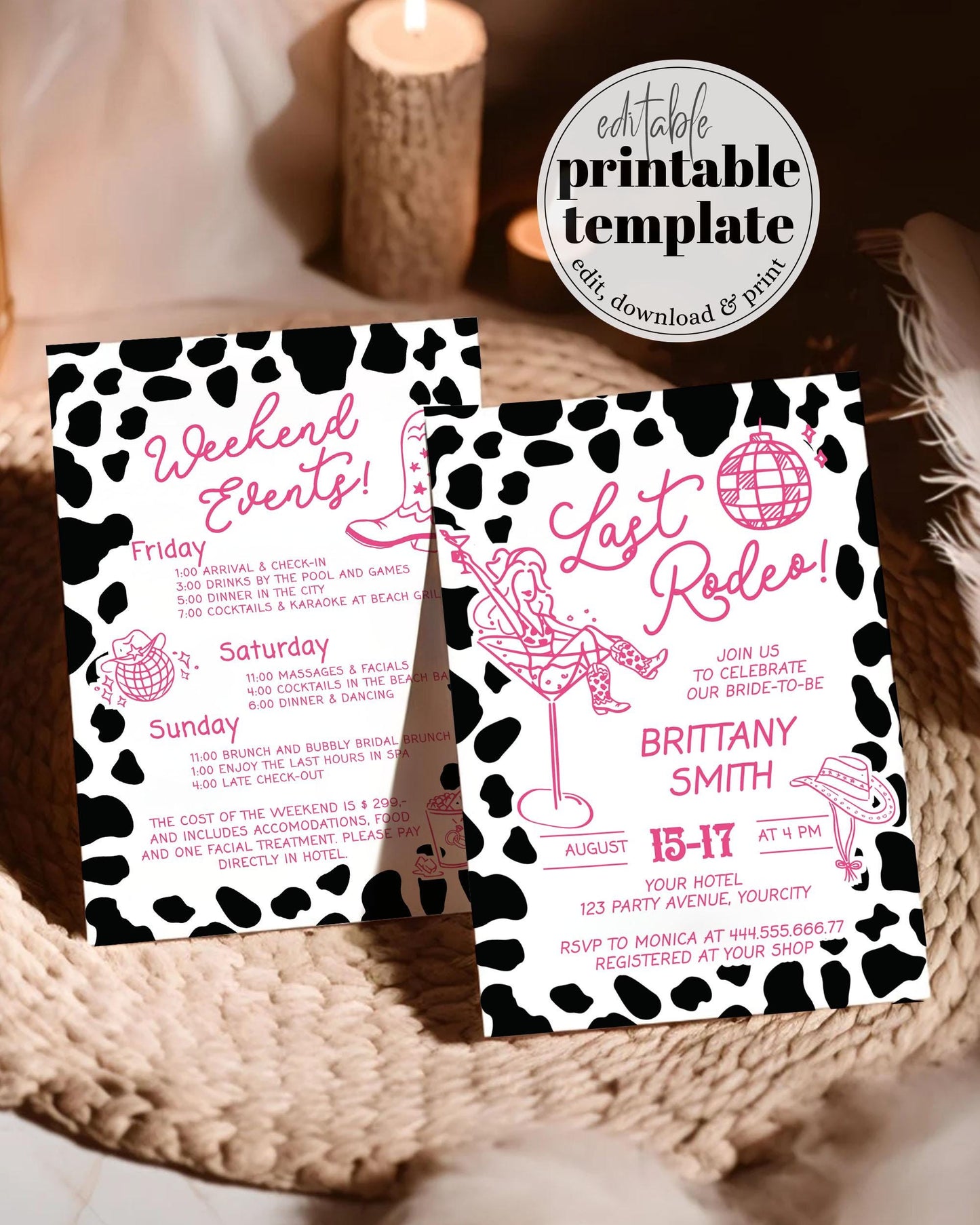 Nashville Bachelorette Itinerary, Last Rodeo Bachelorette Weekend Invite, Disco Cowgirl Pink Bachelorette Theme Handwritten Template #070 - TheLovebirdsDesign