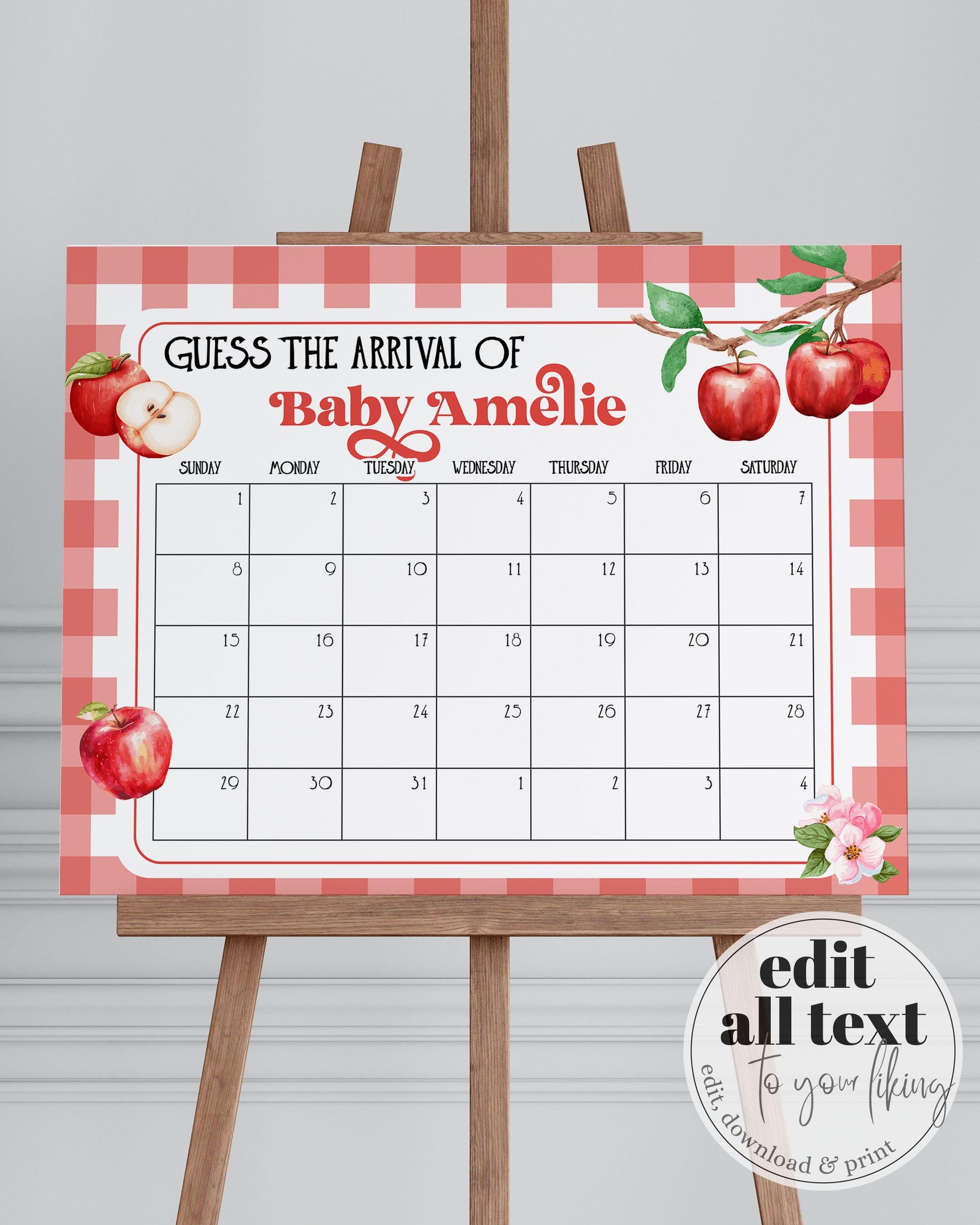 Apple Guess Babys Due Date Sign Fall Baby Shower Game Sign for Apple of our Eye Party, Apple themed Baby Arrival Game Decor Template #068 - TheLovebirdsDesign