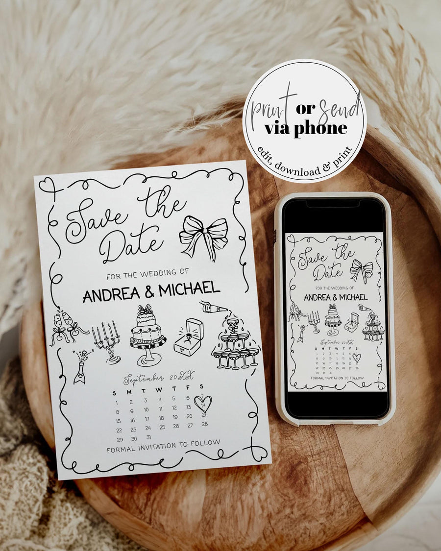 Handwritten Wavy Save the Date Calendar, Handdrawn Funky Doodle Save the Date Invite, Scribble Invite for Whimsical Shower Template #070 - TheLovebirdsDesign
