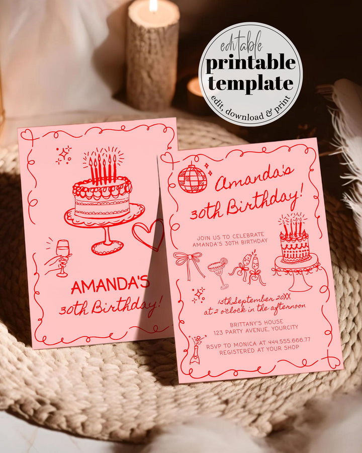 Handdrawn Wavy Adult Birthday Invite Scribble 30th Birthday Invite Funky Doodle Invite Whimsical Fun Birthday Party Invitation Template #070 - TheLovebirdsDesign