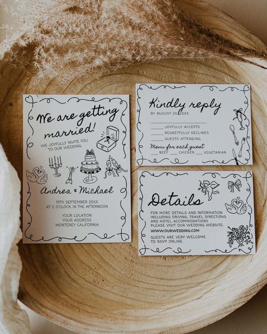 Hand drawn Wedding Invite with Wavy Frame, Funky Doodle Wedding Invitation Suite, Scribbled Illustrated Quirky Wedding Template #070 - marryful.org