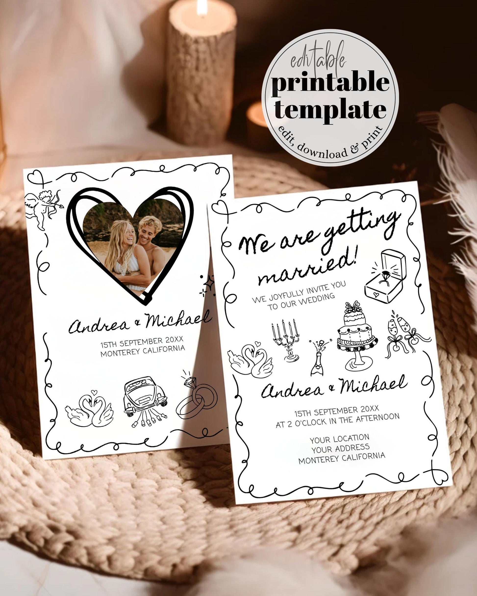 Hand drawn Wedding Invite with Wavy Frame, Funky Doodle Wedding Invitation Suite, Scribbled Illustrated Quirky Wedding Template #070 - TheLovebirdsDesign