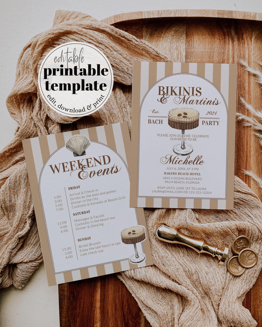 Bikinis and Martinis Bachelorette Invitation, Cocktail Club Party Template #072 - marryful.org
