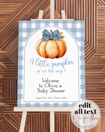 Large Pumpkin Bow Welcome Sign Baby Shower, Little Pumpkin Fall Baby Shower Decorations for Boys Template, Cottagecore Gingham Printable#068 - TheLovebirdsDesign
