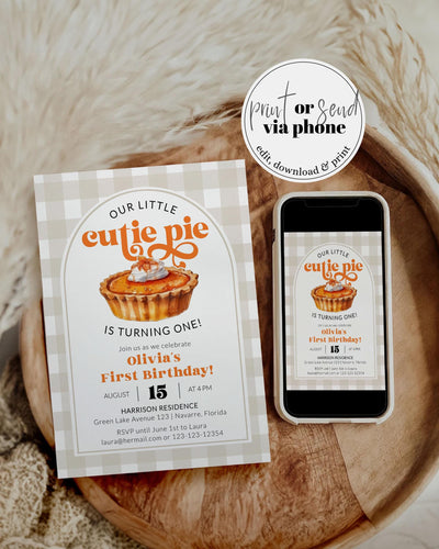 Cutie Pie Birthday Invitation, Pumpkin Pie 1st Birthday Invite, Fall Birthday Theme Decorations, Editable Autumn Birthday Template #068 - TheLovebirdsDesign