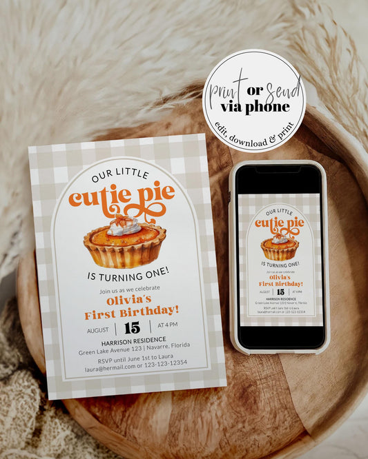Cutie Pie Birthday Invitation, Pumpkin Pie 1st Birthday Invite, Fall Birthday Theme Decorations, Editable Autumn Birthday Template #068 - TheLovebirdsDesign