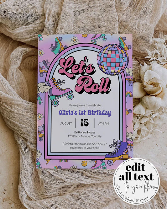 Roller Skates Birthday Invitation, Disco Groovy Roller Skating Birthday Invite, Let's Roll Groovy Disco Party for 12 year old Template #081 - TheLovebirdsDesign