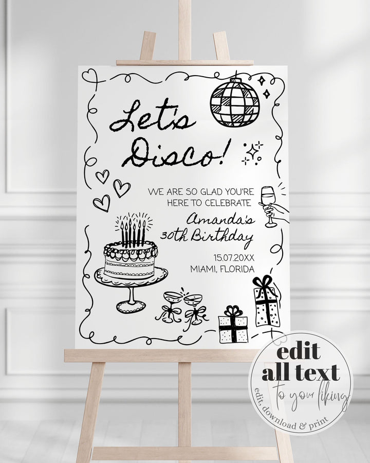 Hand drawn Birthday Welcome Sign with Wavy Frame, Funky Doodle 30th Birthday Decor, Scribbled Illustrated Quirky Birthday Party Template#070 - TheLovebirdsDesign
