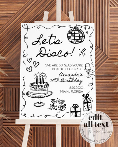 Hand drawn Birthday Welcome Sign with Wavy Frame, Funky Doodle 30th Birthday Decor, Scribbled Illustrated Quirky Birthday Party Template#070 - TheLovebirdsDesign