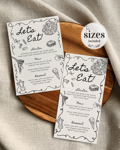 Hand Drawn Wavy Menu Card, Doodle Wedding Menu Template, Scribble Menu Whimsical Wedding, Editable Funky Handwritten Menu Italian Food #070 - TheLovebirdsDesign