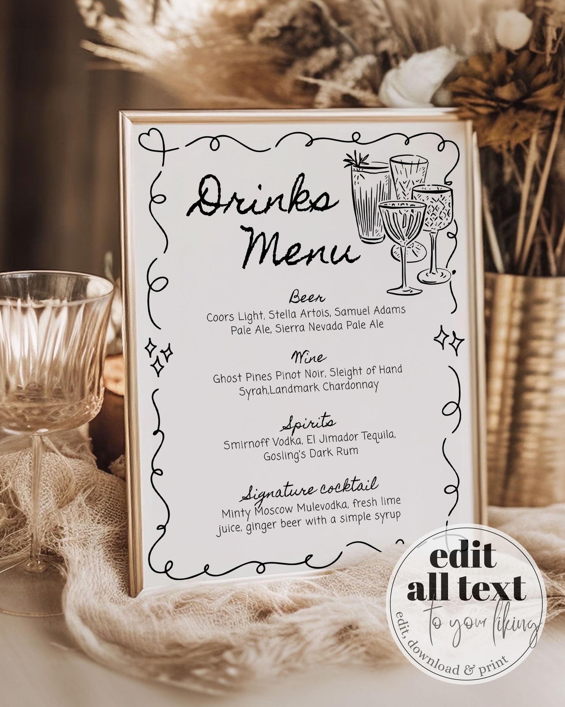 Hand drawn editable Bar Menu for Whimsical Wedding, Scribble Cocktail Menu Card, Funky Menu Template, Doodle Signature Cocktail Menu #070 - TheLovebirdsDesign