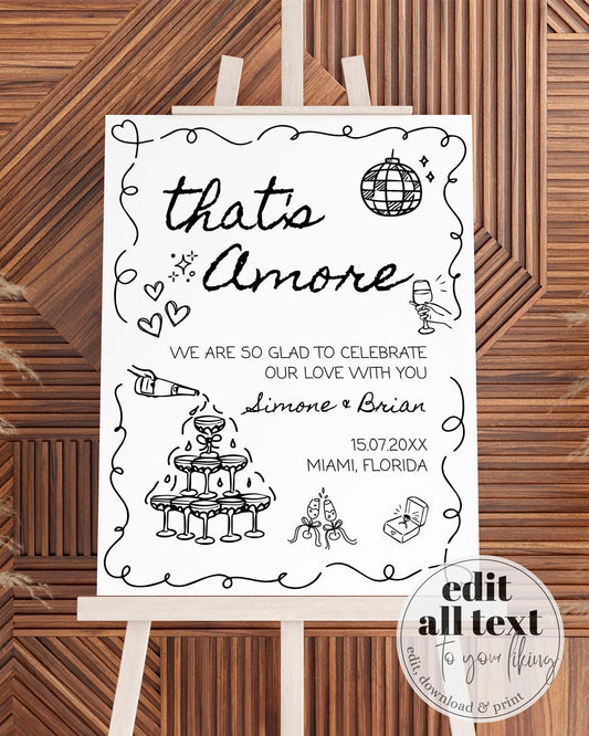 That's Amore Hand Drawn Wedding Welcome Sign with Champagne Tower and Disco Ball for Quirky Funky Decor, Funky Welcome Sign Template #070 - TheLovebirdsDesign