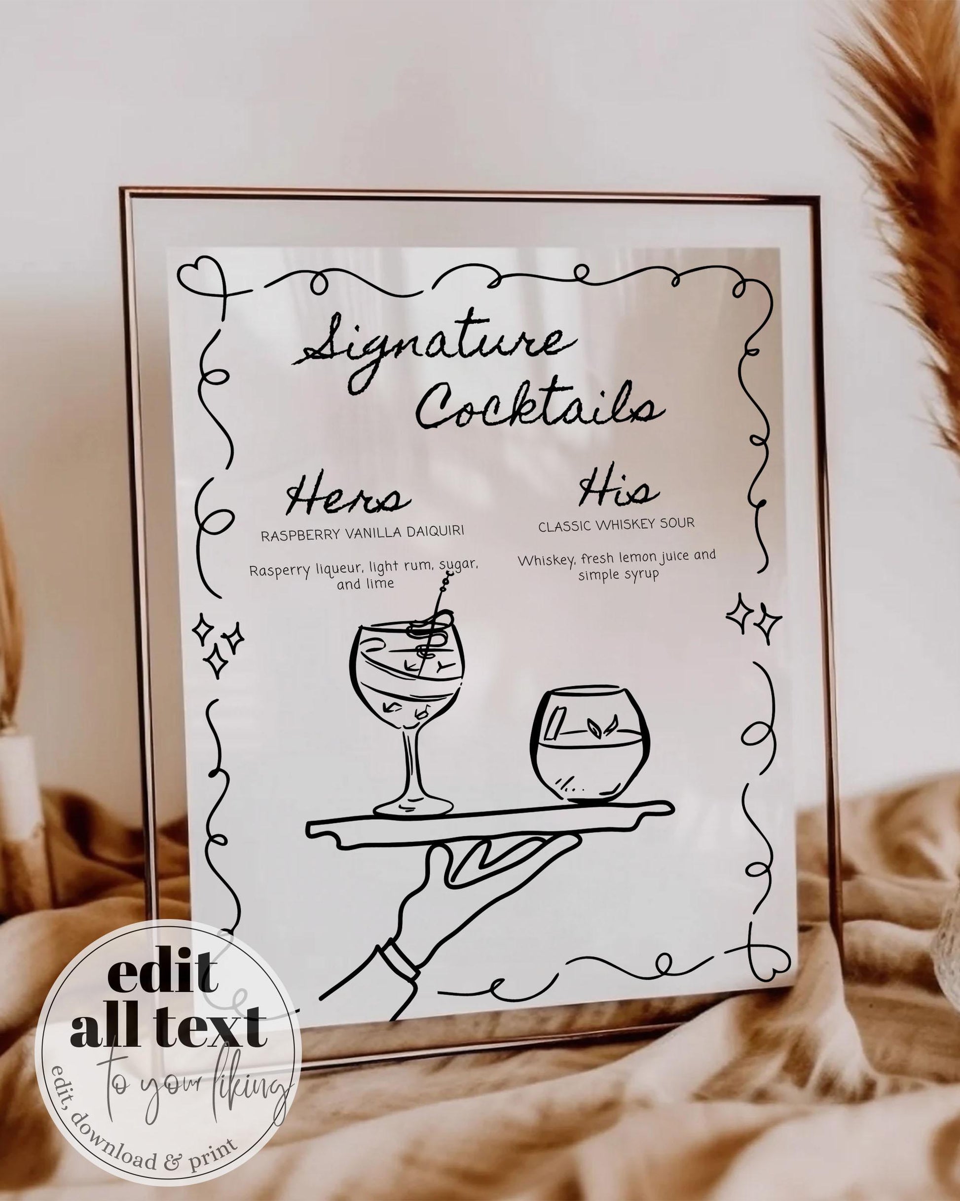 Doodle Signature Cocktail Menu, Hand drawn Scribble Bar Menu for Whimsical Wedding Funky Cocktail Menu Card Quirky Illustrated Template #070 - TheLovebirdsDesign