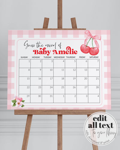 Cherry Guess Babys Due Date Sign, Baby Shower Game Sign for Cherry on top Party, Cherry Coquette themed Baby Arrival Game Decor Template#068