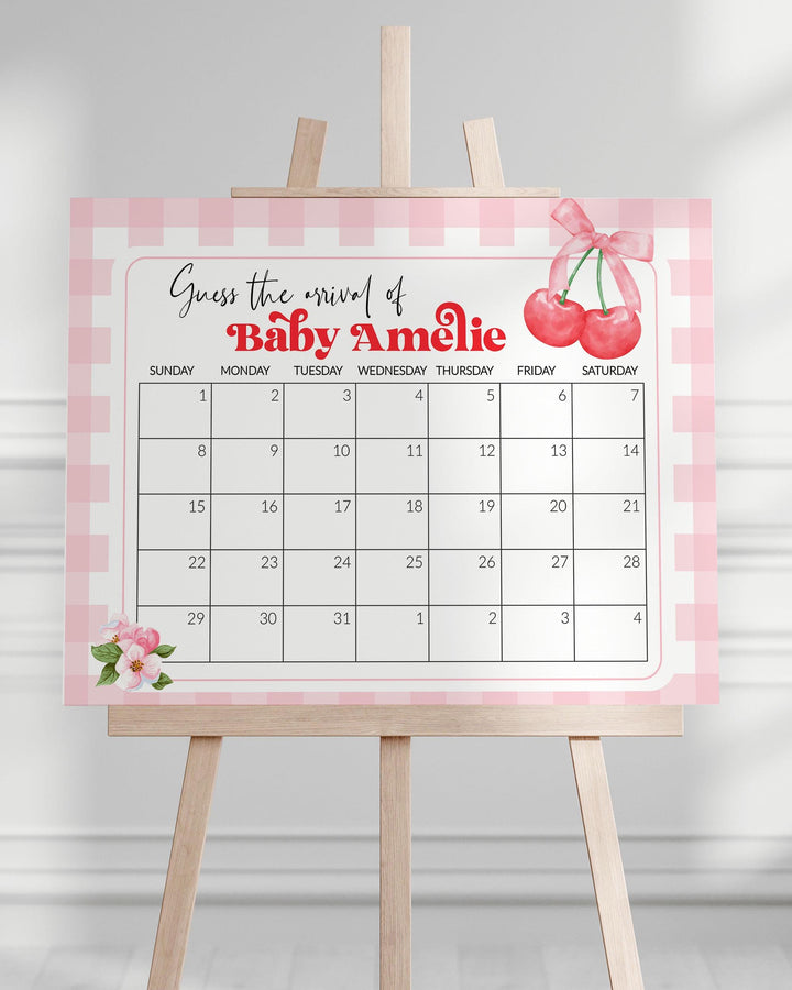 Cherry Guess Babys Due Date Sign, Baby Shower Game Sign for Cherry on top Party, Cherry Coquette themed Baby Arrival Game Decor Template#068