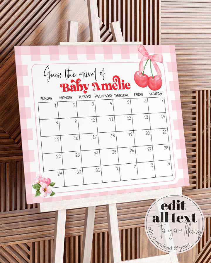 Cherry Guess Babys Due Date Sign, Baby Shower Game Sign for Cherry on top Party, Cherry Coquette themed Baby Arrival Game Decor Template#068
