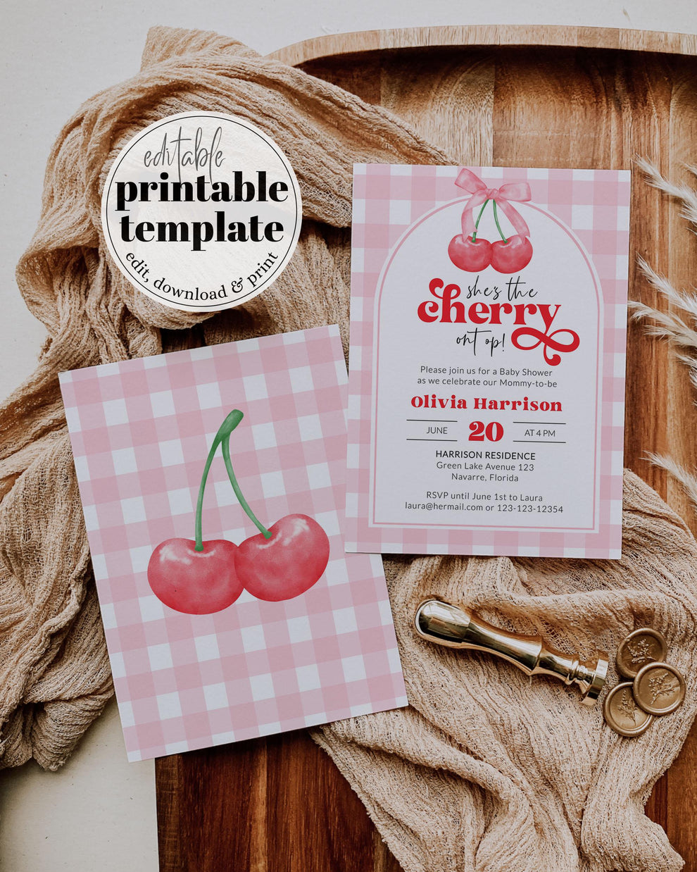 Cherry themed Baby Shower Invitation, Cherry Sweet Coquette Baby Shower Invite Set, Gingham Party Decor Printable Template