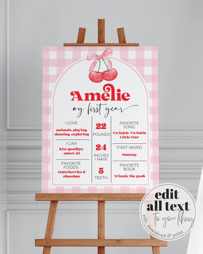 Cherry First Year Milestone Sign, Cherry on Top Themed Baby 1st Year Milestone Board, Coquette Cherry Decoration Template 1st Birthday #068