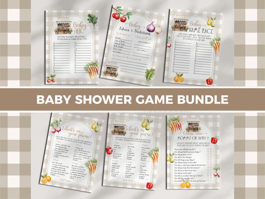 Locally Grown Shower Games Bundle, Farmers Market Baby Shower Games Gender Neutral Baby Shower Decoration Bundle Printable Template #068